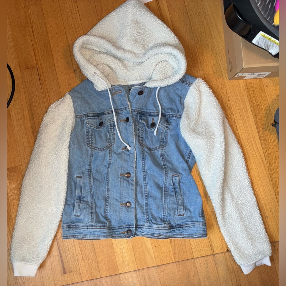 Maurices Blue Denim Jacket with White Sherpa Sleeves